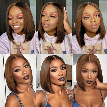 13X4 Chocolate Brown Straight Bob Wig 4X4 Silky Straight HD Lace Frontal Wig Natural Hairline Pre Plucked Human Hair 100% 16Inch