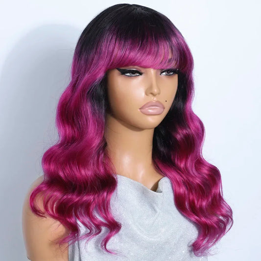 22" T1B/Pink Body Wave Human Hair Wigs With Bangs Fringe 180D Brazilian Hair Full Machine Made Women Wigs