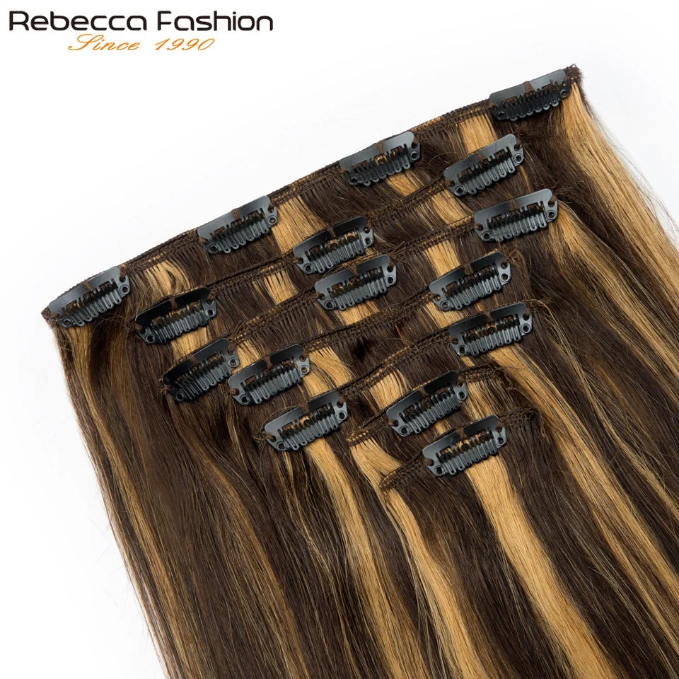 Clip In Hair Extensions Human Hair Clip In For Women Straight Double Weft Hair Extensions 7pcs/Set P4/27 Brown Honey Blonde 613