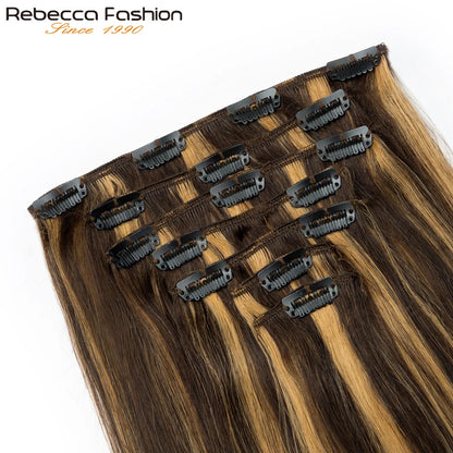 Clip In Hair Extensions Human Hair Clip In For Women Straight Double Weft Hair Extensions 7pcs/Set P4/27 Brown Honey Blonde 613