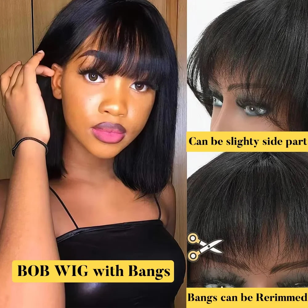 Short Bob Wig with Bangs Straight Human Hair Bob with Bangs Wig 100% Human Hair 180% Density Straight Bang Bob Wig For Women