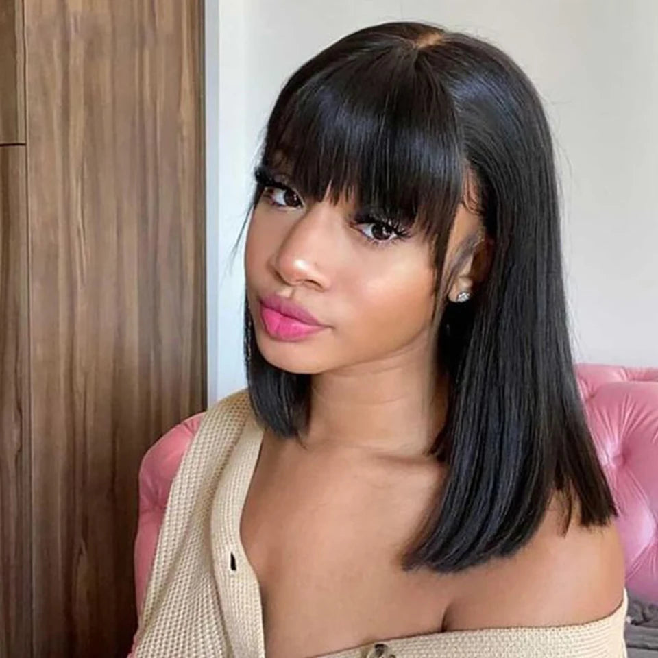 Short Straight Bob Lace Frontal Wig With Bangs 100% Human Hair Bob Wigs For Women Brazilian Remy Hair Easy Part Lace Bob Wig
