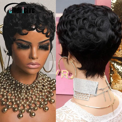 #1B Curly Pixie Cut Short Wigs For Women Natural Black Curly Wig Peruvian Remy Human Hair Bob Full Machine Made Wig 150% Density