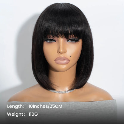 Short Bob Wig with Bangs Straight Human Hair Bob with Bangs Wig 100% Human Hair 180% Density Straight Bang Bob Wig For Women