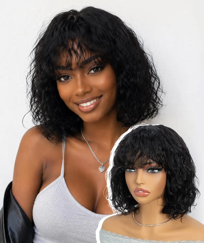 QVR Kinky Curly Human Hair Wig with Bangs Fluffy Afro Curly Bob Wig for Women Wear and Go Glueless Curly Wigs for Black Women