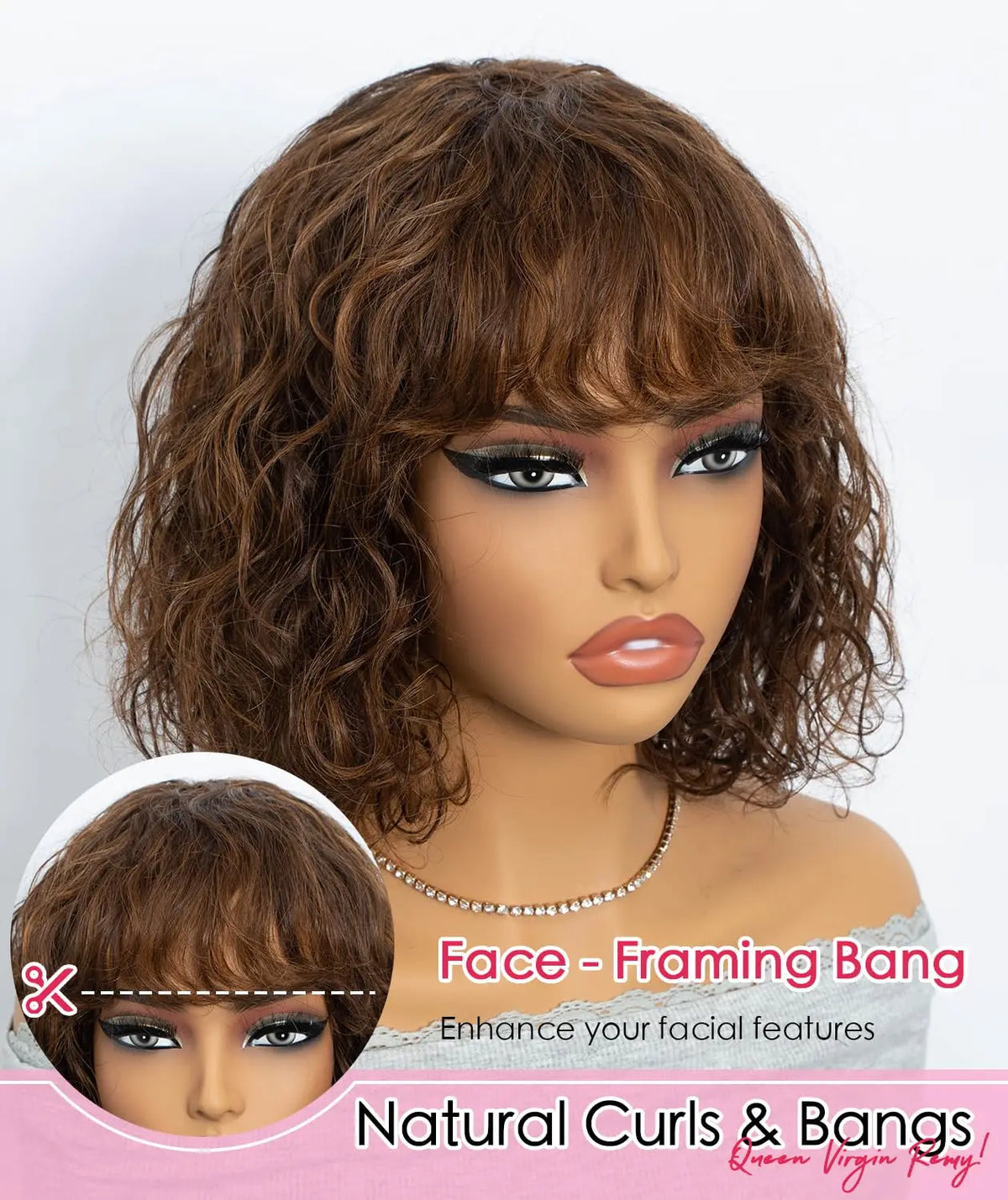 QVR Kinky Curly Human Hair Wig with Bangs Fluffy Afro Curly Bob Wig for Women Wear and Go Glueless Curly Wigs for Black Women