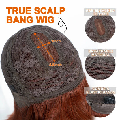 Reddish Brown Straight Bob Wigs Glueless Human Hair Wigs With Bangs Middle Part Bob Lace Wigs Realistic Scalp Beginner Friendly