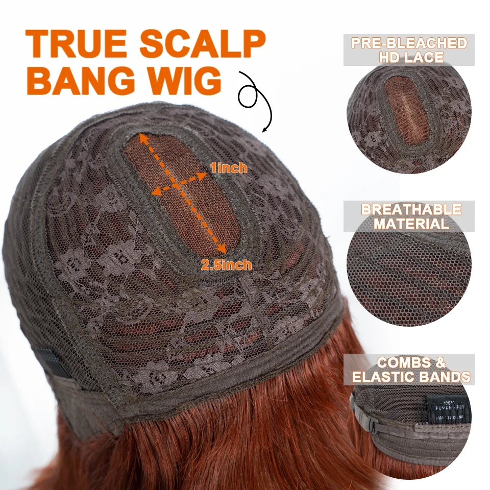 Reddish Brown Straight Bob Wigs Glueless Human Hair Wigs With Bangs Middle Part Bob Lace Wigs Realistic Scalp Beginner Friendly