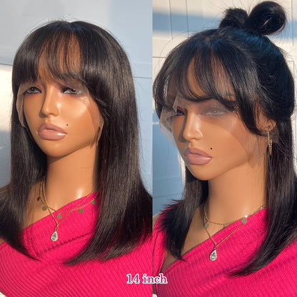 Short Straight Bob Lace Frontal Wig With Bangs 100% Human Hair Bob Wigs For Women Brazilian Remy Hair Easy Part Lace Bob Wig