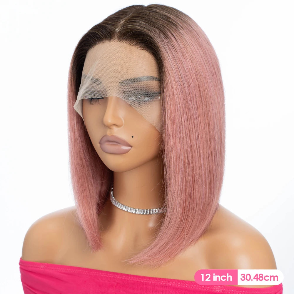 Rebecca Ombre Pink Transparent Short T Lace Bob Human Hair Wigs Peruvian Straight 13x5x1 Lace Front Wig For Women Pre Plucked