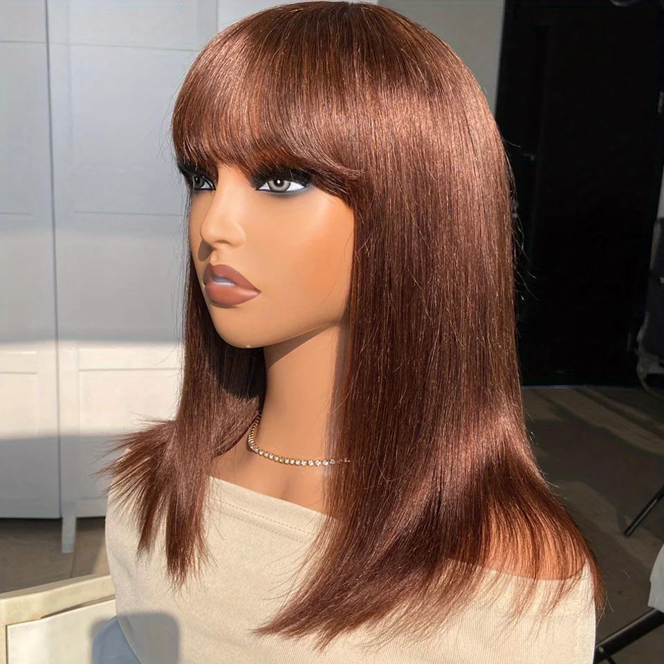 Reddish Brown Straight Bob Wigs Glueless Human Hair Wigs With Bangs Middle Part Bob Lace Wigs Realistic Scalp Beginner Friendly