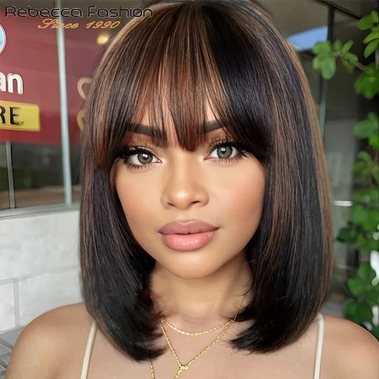 3X1 Middle Part Lace Wig Bob Wigs Bone Straight Human Hair Wigs With Bangs Short Bob Human Hair Wigs