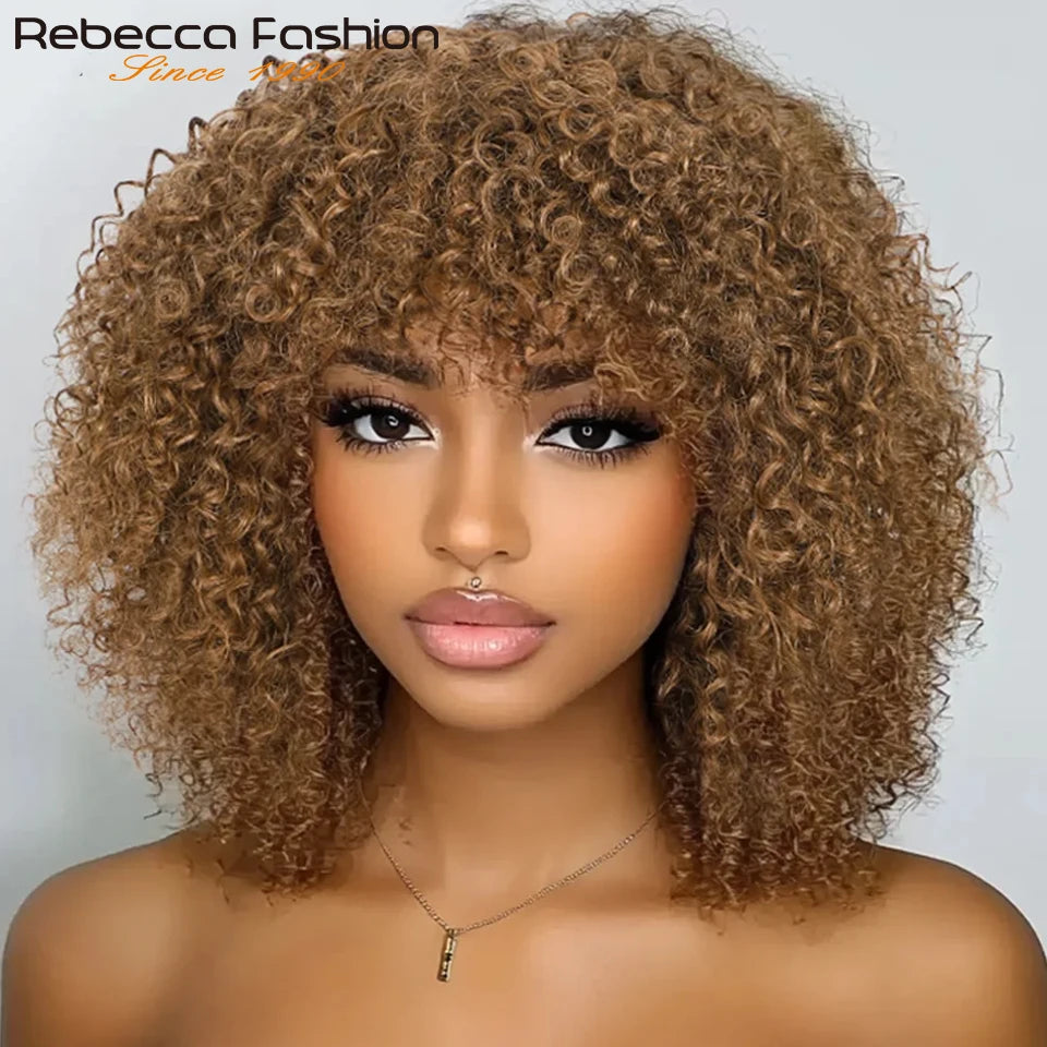 Short Curly Wig With Bangs Put On And Go Human Hair Afro Kinky Curly Wig Glueless Full Machine Made Wig 250 Density Remy Hair