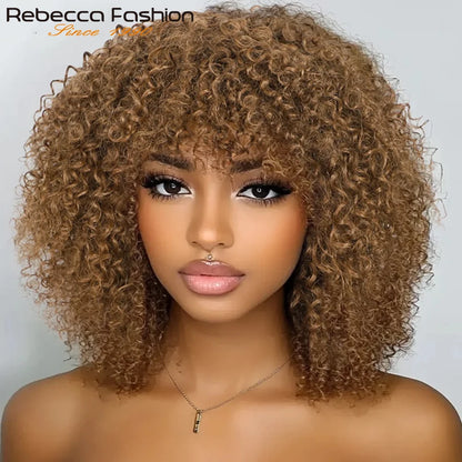 Short Curly Wig With Bangs Put On And Go Human Hair Afro Kinky Curly Wig Glueless Full Machine Made Wig 250 Density Remy Hair
