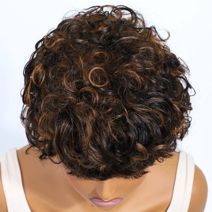Rebecca Brown P1B/30 Short Pixie Cut Curly 100% Human Hair Wig For Women Brazilian Remy Hair Colored Side Part Full Machine Wigs