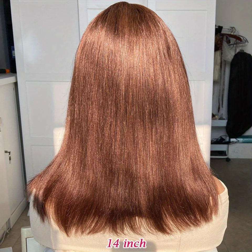 Reddish Brown Straight Bob Wigs Glueless Human Hair Wigs With Bangs Middle Part Bob Lace Wigs Realistic Scalp Beginner Friendly