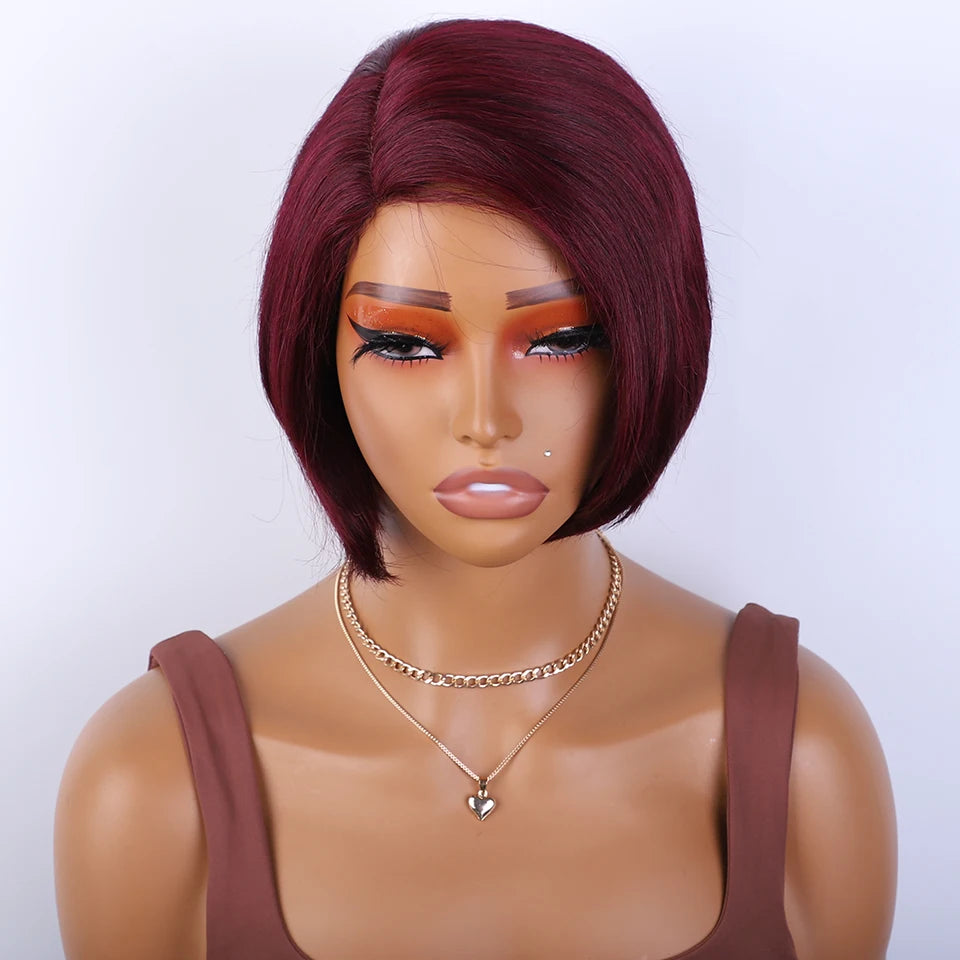 99J Burgendy Short Bob Side Part Straight Bob Human Hair Wig Straight Short Bob Wig Straight Human Hair Wig Wear And Go Glueless