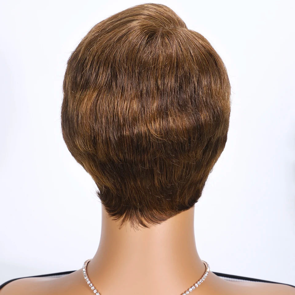 RitzWigs Pixie Cut Lace Wig Natural Straight Hair 150% Density 13x1 Lace Brazilian Human Hair Wig with Ombre Brown Side Part Wig