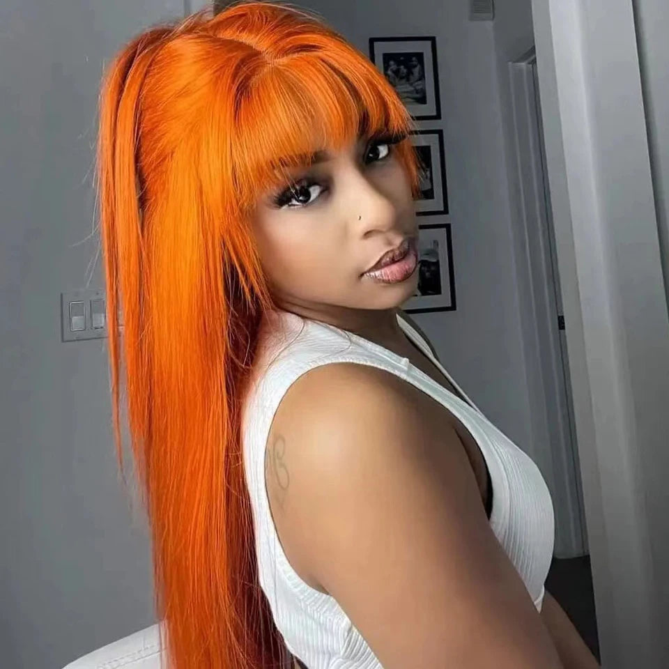 180D 8-28" Ginger Straight Human Hair Wigs With Bangs Full Machine Made Wig Straight Bangs Wigs For Women #Burg Orange Natural
