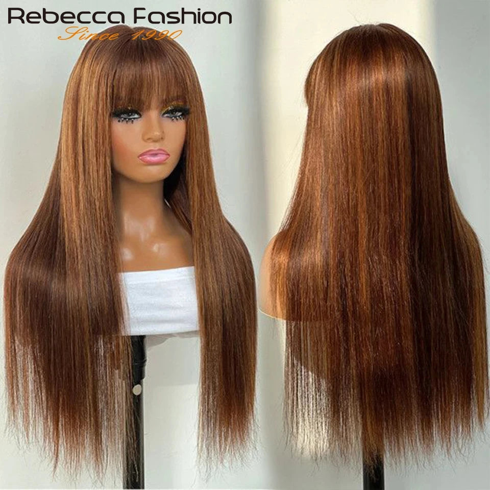 Reddish Brown Bangs Wigs Human Hair Wig Easy Brown Straight Human Hair Wigs with Bangs Affordable Layer Cut Straight Hair Wigs