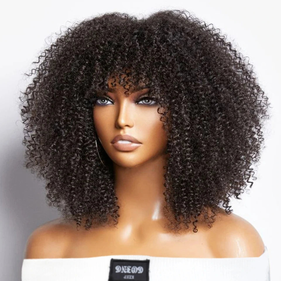Short Curly Wig With Bangs Put On And Go Human Hair Afro Kinky Curly Wig Glueless Full Machine Made Wig 250 Density Remy Hair
