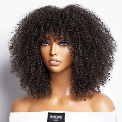 Short Curly Wig With Bangs Put On And Go Human Hair Afro Kinky Curly Wig Glueless Full Machine Made Wig 250 Density Remy Hair
