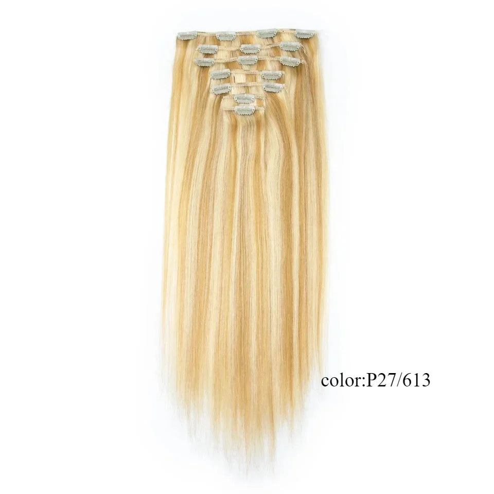 Rebecca Clip In Hair Extensions Human Hair Straight Clip In Blonde P6/613 P8/613 P27/613 P4/27 Color Clip Ins Remy Hair 7Pcs Set