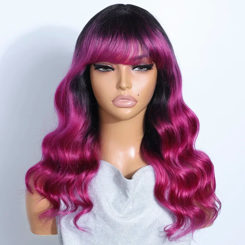 22" T1B/Pink Body Wave Human Hair Wigs With Bangs Fringe 180D Brazilian Hair Full Machine Made Women Wigs