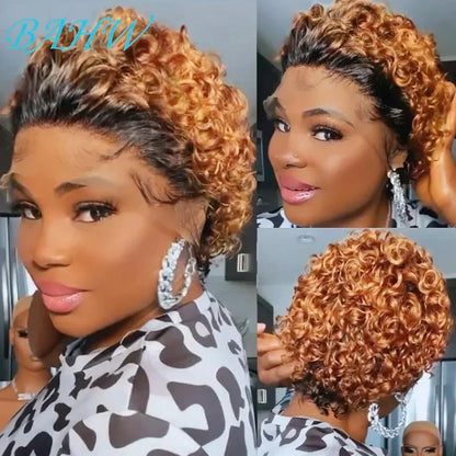 Brazilian Human Hair Wig For Black Women Afro Curly Pixie Bob Short Preplucked Hairline 13X1 Hd Lace Front Bob Water Wave Wig