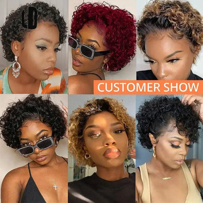 Brazilian Human Hair Wig For Black Women Afro Curly Pixie Bob Short Preplucked Hairline 13X1 Hd Lace Front Bob Water Wave Wig