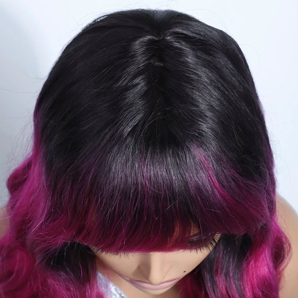 22" T1B/Pink Body Wave Human Hair Wigs With Bangs Fringe 180D Brazilian Hair Full Machine Made Women Wigs
