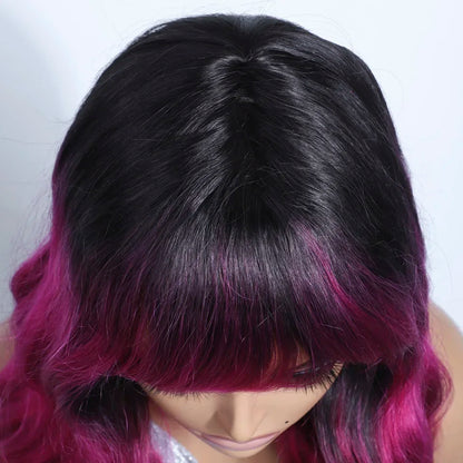 22" T1B/Pink Body Wave Human Hair Wigs With Bangs Fringe 180D Brazilian Hair Full Machine Made Women Wigs