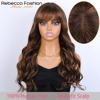 180D 18-24inch Body Wave Human Hair Wigs With Bangs Middle Part Lace Wig For Women Remy Body Wave Wig With Bangs Natural Color