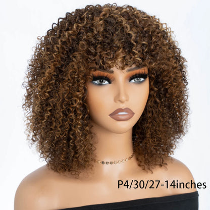 Short Curly Wig With Bangs Put On And Go Human Hair Afro Kinky Curly Wig Glueless Full Machine Made Wig 250 Density Remy Hair