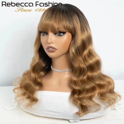 22" T1B/Pink Body Wave Human Hair Wigs With Bangs Fringe 180D Brazilian Hair Full Machine Made Women Wigs