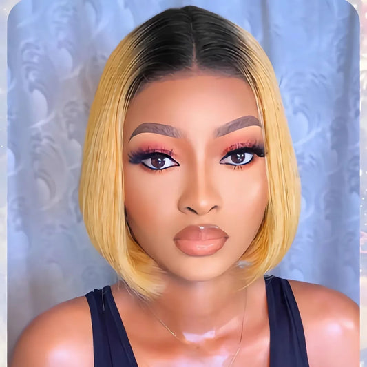 RitzWigs Ombre Blonde Short Bob Wig – 4x1 Part Lace, Brazilian Remy Human Hair