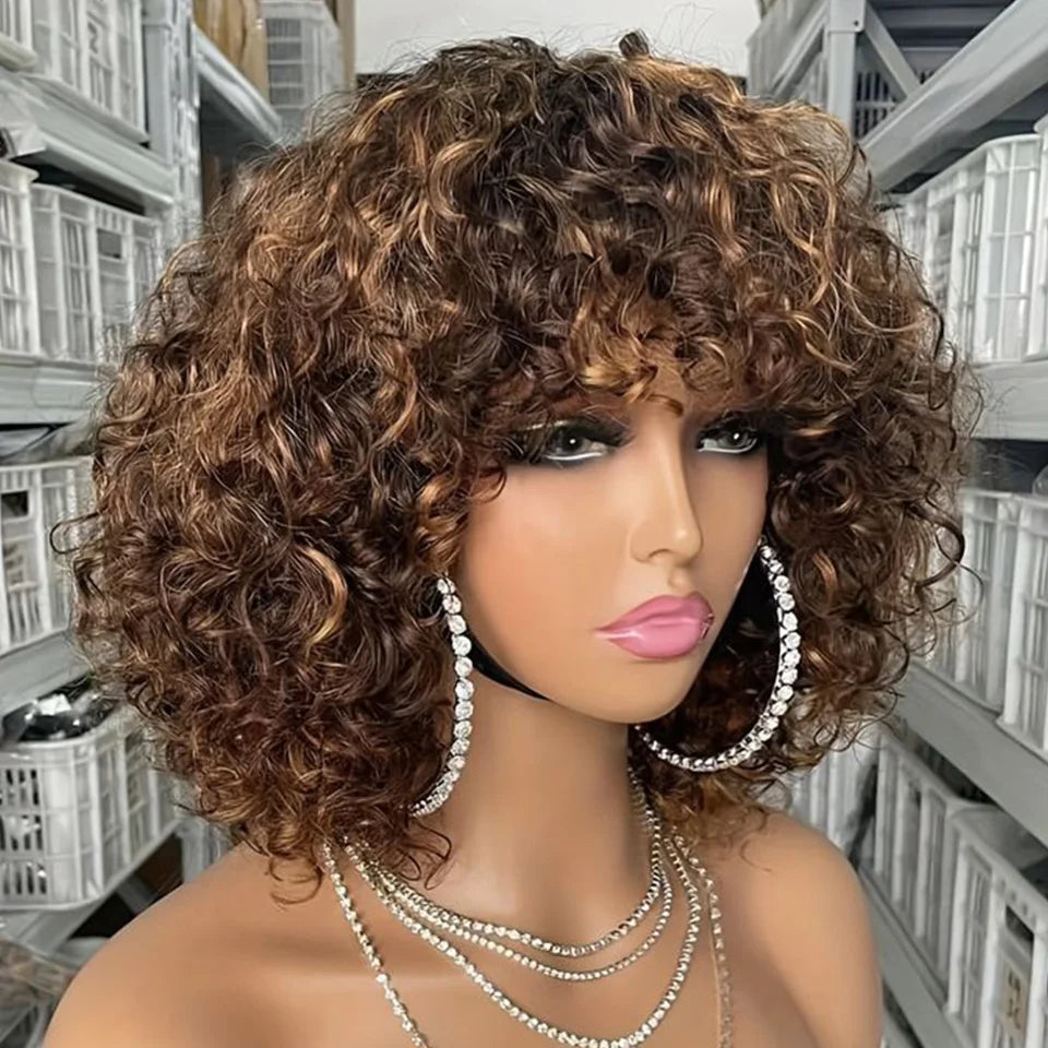 Short Pixie Bob Cut Human Hair Wigs With Bangs Jerry Curly Full Machine Wig Highlight Honey Blonde Colored Wigs For Women