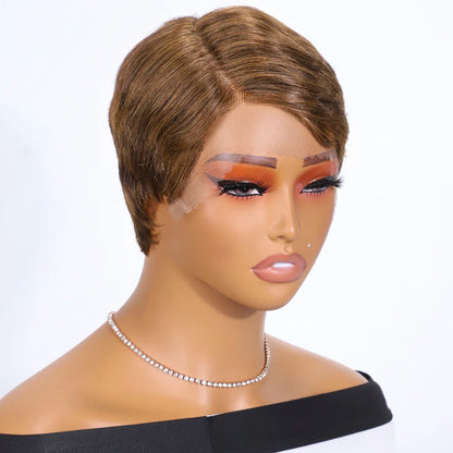 RitzWigs Pixie Cut Lace Wig Natural Straight Hair 150% Density 13x1 Lace Brazilian Human Hair Wig with Ombre Brown Side Part Wig