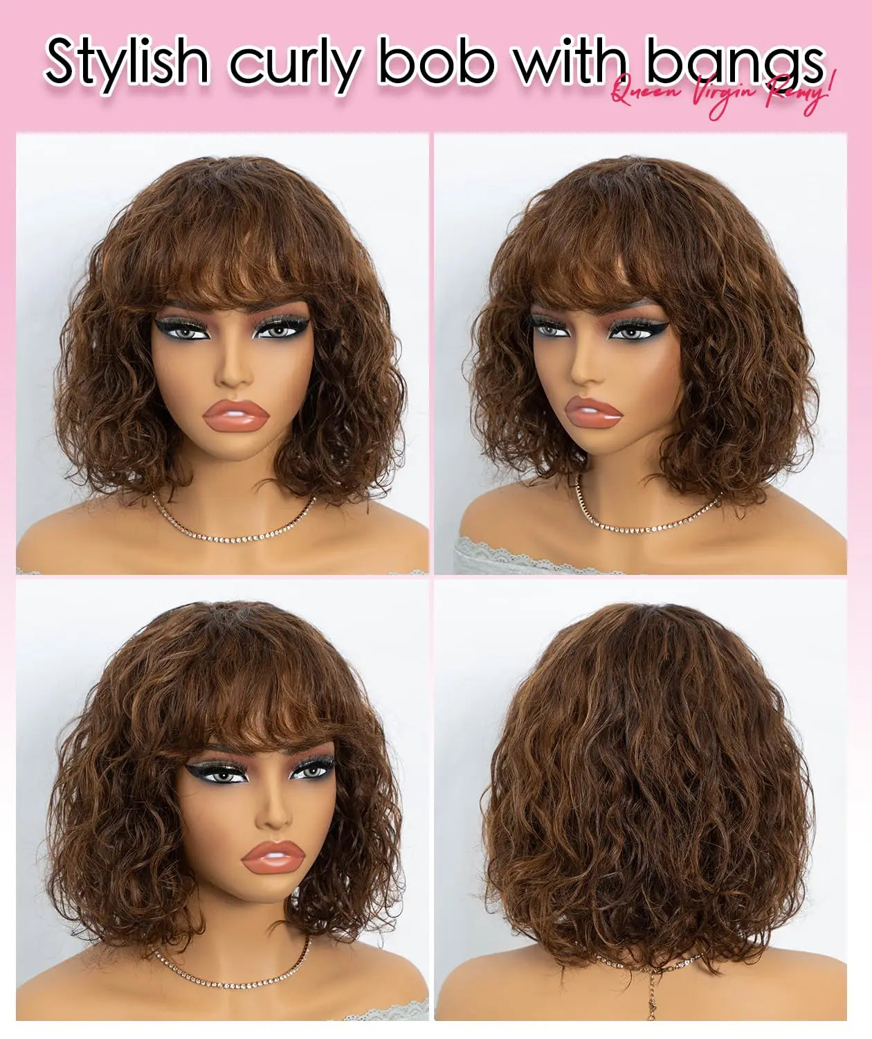 QVR Kinky Curly Human Hair Wig with Bangs Fluffy Afro Curly Bob Wig for Women Wear and Go Glueless Curly Wigs for Black Women