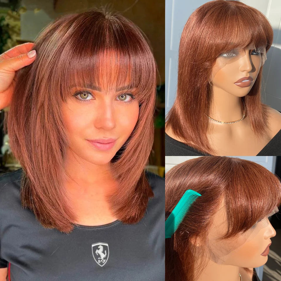 Short Straight Bob Lace Frontal Wig With Bangs 100% Human Hair Bob Wigs For Women Brazilian Remy Hair Easy Part Lace Bob Wig
