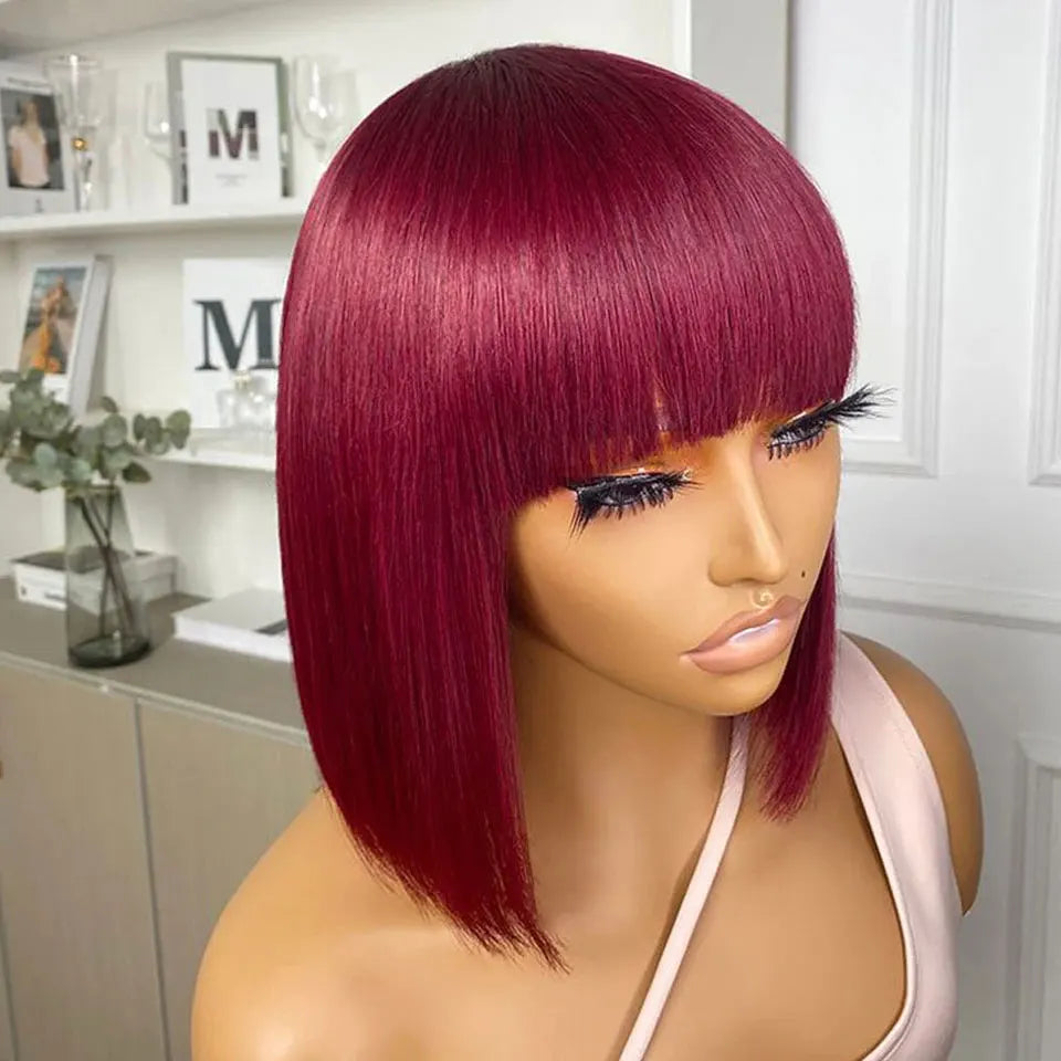 99J Colored Short 180D Straight Brazilian Human Hair Bob Wigs with Bangs Remy Full Machine Made for Women Hightlight Burgundy