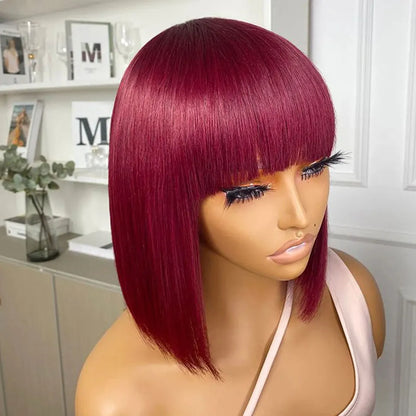 99J Colored Short 180D Straight Brazilian Human Hair Bob Wigs with Bangs Remy Full Machine Made for Women Hightlight Burgundy