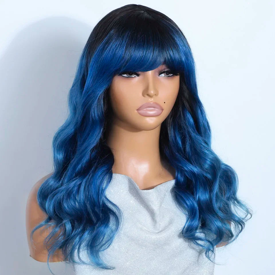 22" T1B/Pink Body Wave Human Hair Wigs With Bangs Fringe 180D Brazilian Hair Full Machine Made Women Wigs