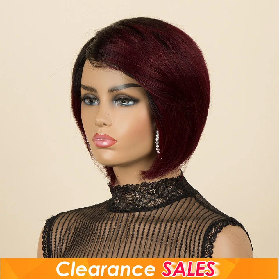 Burgundy 1B/99J Short Pixie Cut Side Part Straight Bob 100% Human Hair Wig For Women Brazilian Remy Hair Color Full Machine Made