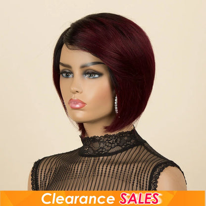 Burgundy 1B/99J Short Pixie Cut Side Part Straight Bob 100% Human Hair Wig For Women Brazilian Remy Hair Color Full Machine Made