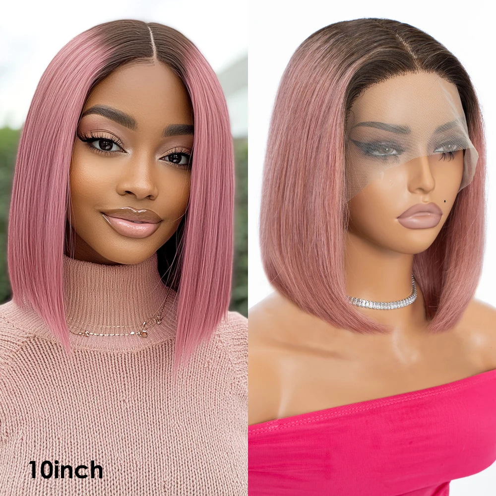 Rebecca Ombre Pink Transparent Short T Lace Bob Human Hair Wigs Peruvian Straight 13x5x1 Lace Front Wig For Women Pre Plucked
