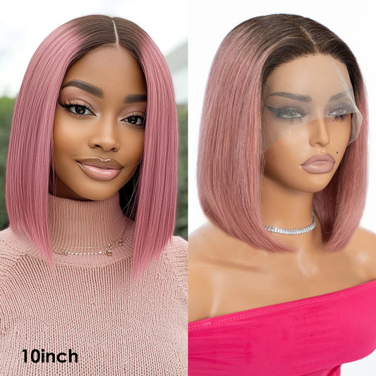 Rebecca Ombre Pink Transparent Short T Lace Bob Human Hair Wigs Peruvian Straight 13x5x1 Lace Front Wig For Women Pre Plucked