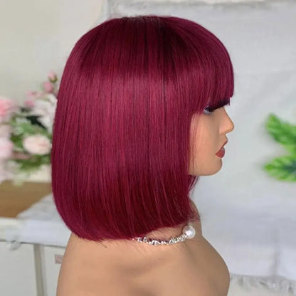 99J Colored Short 180D Straight Brazilian Human Hair Bob Wigs with Bangs Remy Full Machine Made for Women Hightlight Burgundy