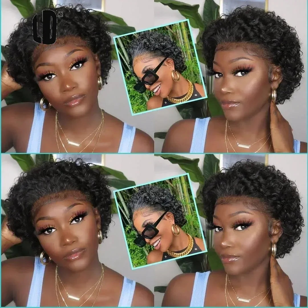 Brazilian Human Hair Wig For Black Women Afro Curly Pixie Bob Short Preplucked Hairline 13X1 Hd Lace Front Bob Water Wave Wig