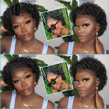 Brazilian Human Hair Wig For Black Women Afro Curly Pixie Bob Short Preplucked Hairline 13X1 Hd Lace Front Bob Water Wave Wig